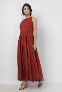 Gerua Plain Maroon Cotton Halter Neck Flared Dress with Kota Border image 2