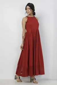 Gerua Plain Maroon Cotton Halter Neck Flared Dress with Kota Border image 3