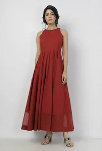 Gerua Plain Maroon Cotton Halter Neck Flared Dress with Kota Border image 4