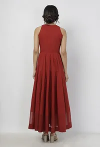 Gerua Plain Maroon Cotton Halter Neck Flared Dress with Kota Border image 5