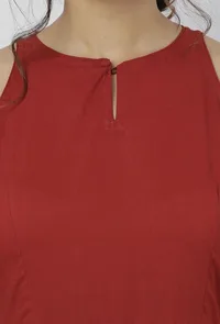 Gerua Plain Maroon Cotton Halter Neck Flared Dress with Kota Border image 6