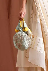 Sea Green Dupion Silk Potli with Yellow Strings image 1