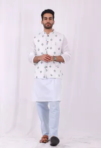 Set of 3: White Cotton kurta and Blue Striped Pajama  with Blue Hand Block Printed Floral Nehru Jacket image 1