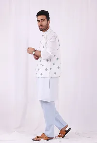 Set of 3: White Cotton kurta and Blue Striped Pajama  with Blue Hand Block Printed Floral Nehru Jacket image 2
