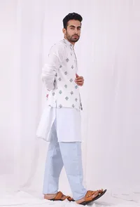 Set of 3: White Cotton kurta and Blue Striped Pajama  with Blue Hand Block Printed Floral Nehru Jacket image 3