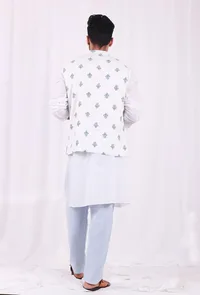 Set of 3: White Cotton kurta and Blue Striped Pajama  with Blue Hand Block Printed Floral Nehru Jacket image 4