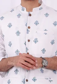 Set of 3: White Cotton kurta and Blue Striped Pajama  with Blue Hand Block Printed Floral Nehru Jacket image 5