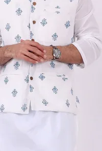 Set of 3: White Cotton kurta and Blue Striped Pajama  with Blue Hand Block Printed Floral Nehru Jacket image 6