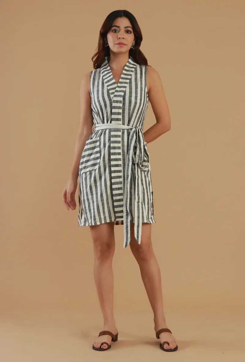 Striped Cotton Sleeveless Wrap Dress