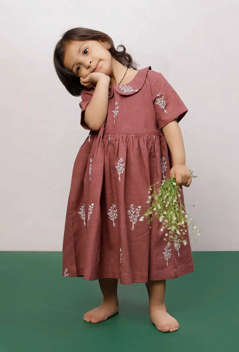 Mauve Cotton Slub Block Printed Gathered Dress