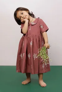 Mauve Cotton Slub Block Printed Gathered Dress image 1