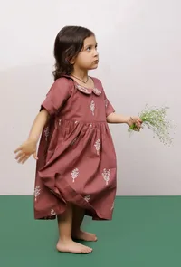 Mauve Cotton Slub Block Printed Gathered Dress image 2