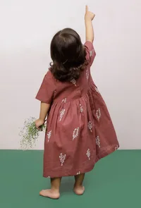 Mauve Cotton Slub Block Printed Gathered Dress image 3