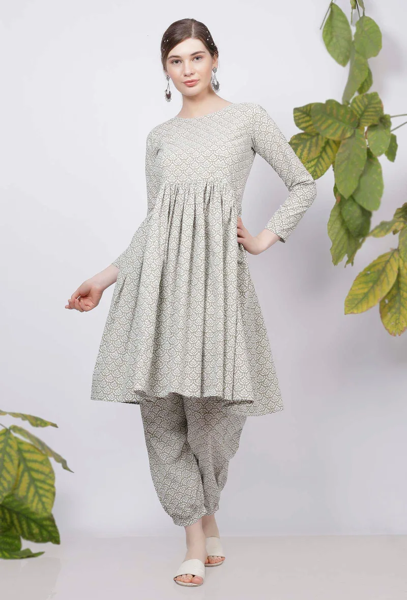Sage Green Floral Hand-Block Printed Cotton Gathered Kurta