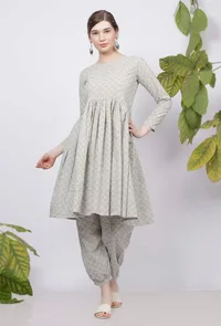 Sage Green Floral Hand-Block Printed Cotton Gathered Kurta image 1