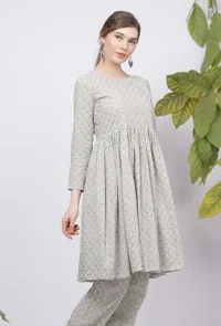 Sage Green Floral Hand-Block Printed Cotton Gathered Kurta image 2