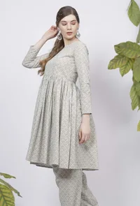 Sage Green Floral Hand-Block Printed Cotton Gathered Kurta image 3