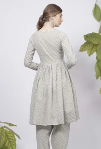 Sage Green Floral Hand-Block Printed Cotton Gathered Kurta image 4