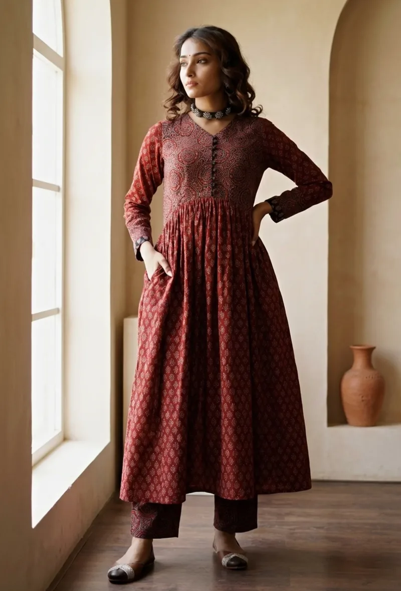 Red Ajrakh Print Flared and Gathered Kurta with Pockets