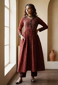 Red Ajrakh Print Flared and Gathered Kurta with Pockets image 1