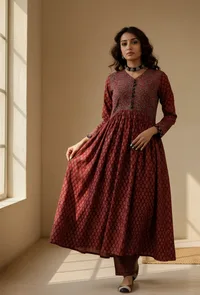 Red Ajrakh Print Flared and Gathered Kurta with Pockets image 2