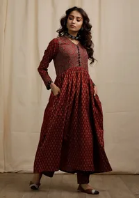 Red Ajrakh Print Flared and Gathered Kurta with Pockets image 3