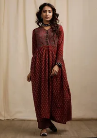 Red Ajrakh Print Flared and Gathered Kurta with Pockets image 4