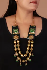 Green Fabric Necklace with Gold-Plated Meenakari Square Charm – 2 Layers image 1