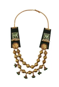 Green Fabric Necklace with Gold-Plated Meenakari Square Charm – 2 Layers image 2