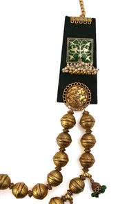 Green Fabric Necklace with Gold-Plated Meenakari Square Charm – 2 Layers image 3