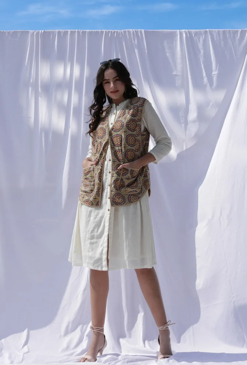 Nia Beige floral handblock printed & kantha stitched front buttoned vest jacket