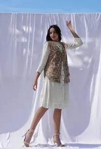 Nia Beige floral handblock printed & kantha stitched front buttoned vest jacket image 2