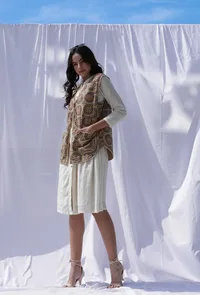 Nia Beige floral handblock printed & kantha stitched front buttoned vest jacket image 3