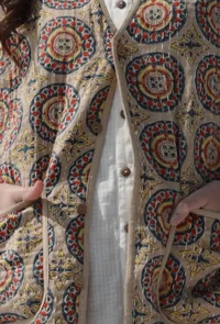 Nia Beige floral handblock printed & kantha stitched front buttoned vest jacket image 5