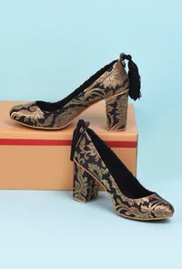 Black Brocade Block Heel image 1
