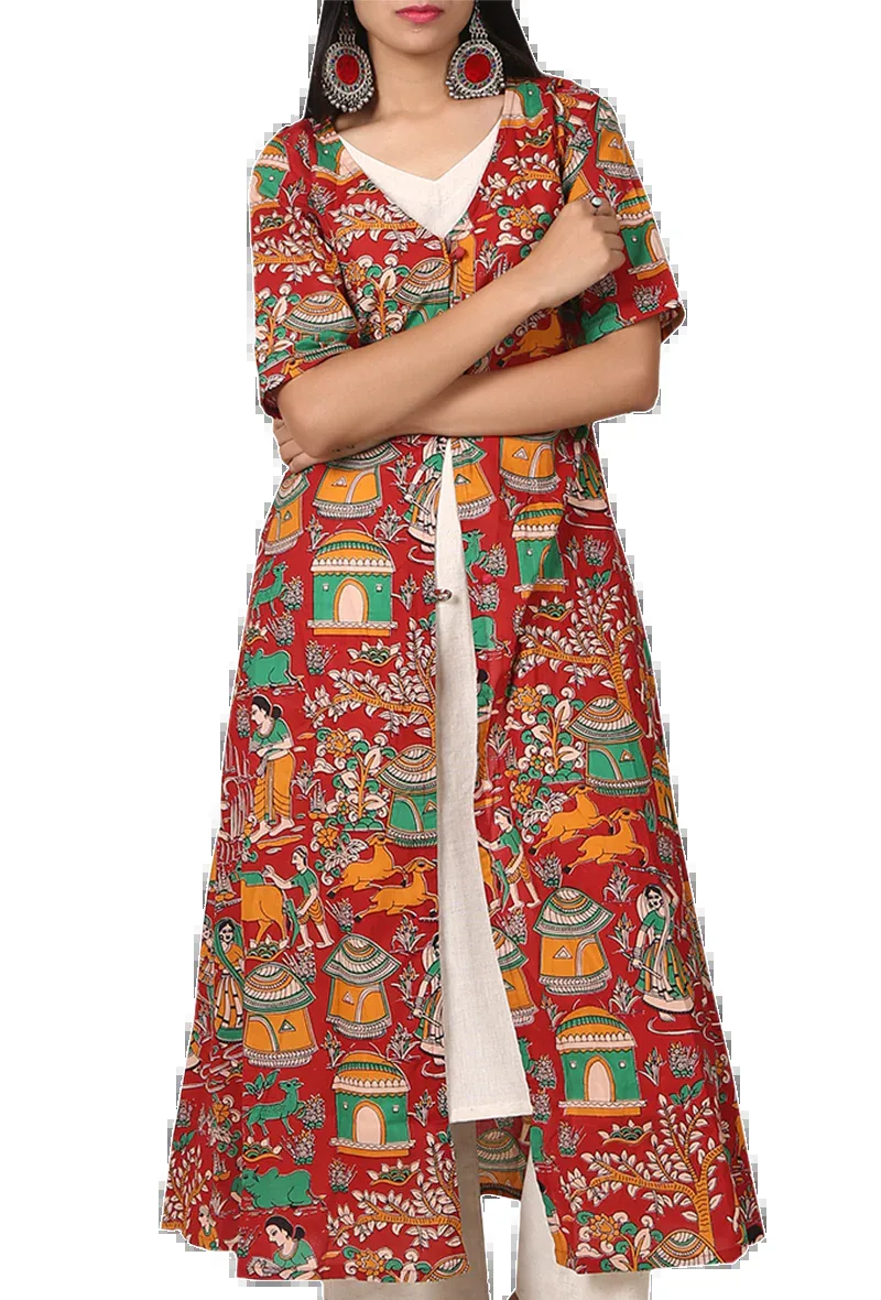 Red Kalamkari Keyhole Buttoned Cape