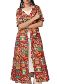 Red Kalamkari Keyhole Buttoned Cape image 1