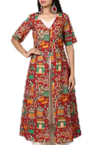 Red Kalamkari Keyhole Buttoned Cape image 2