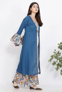 Set of 3 : Off White kurta and Off White Kalamkari Printed Pallazo With Blue Kalamkari Cape image 3