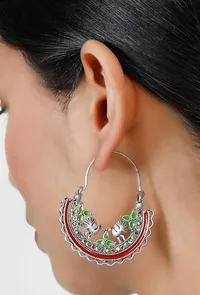 Red-Green Silver Plated Enamel Earrings (2"x1.9") image 1