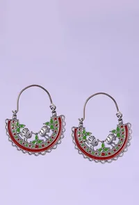 Red-Green Silver Plated Enamel Earrings (2"x1.9") image 2