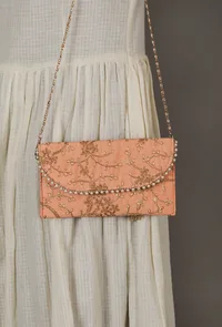 Apricot Peach Zari Embroidered Silk Envelope Clutch image 2