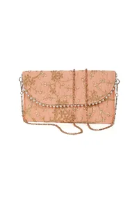 Apricot Peach Zari Embroidered Silk Envelope Clutch image 3