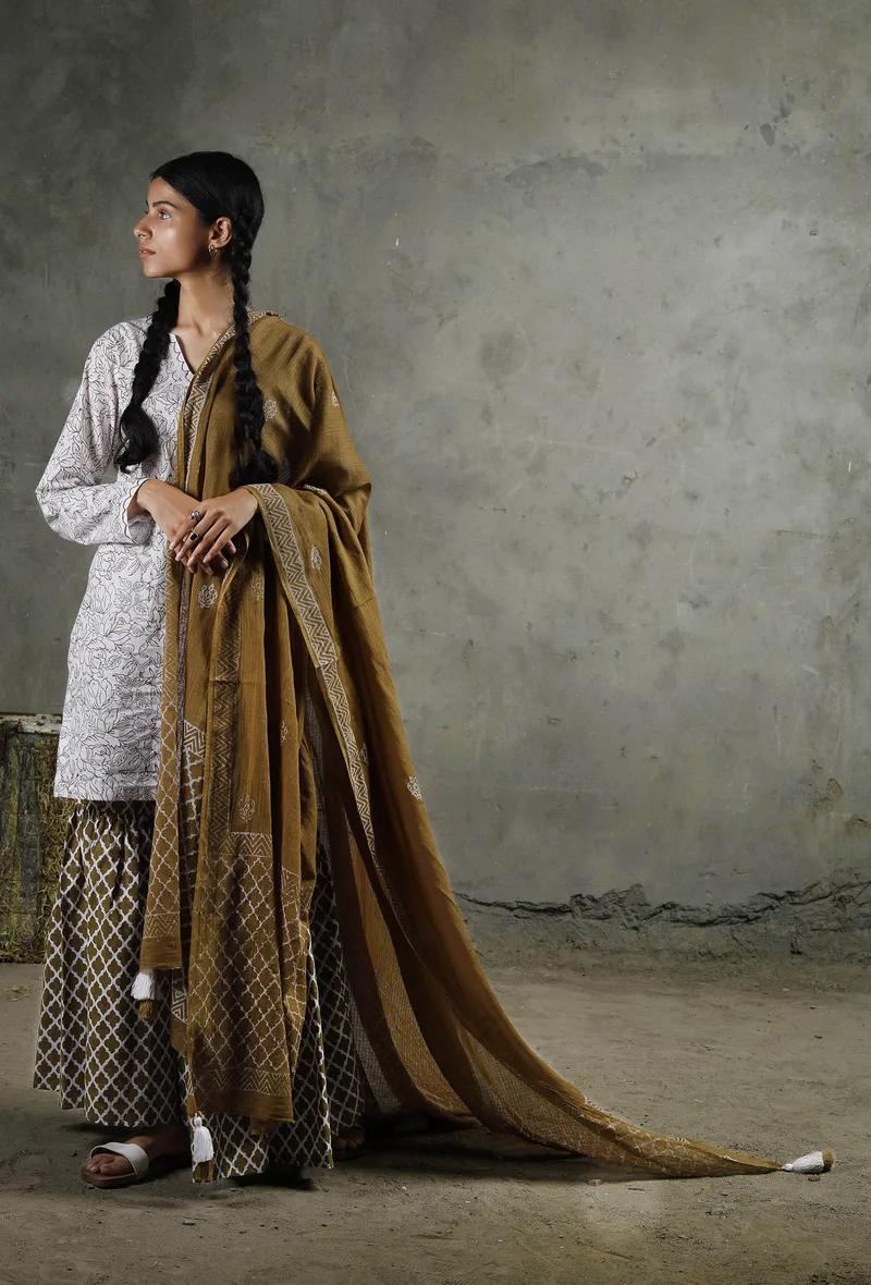 Set Of 3: Brown And White Cotton Kurta, Shararas And Kota Dupatta