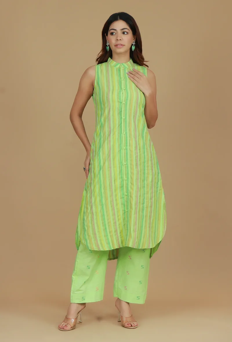 Lime Green Striped Sleeveless Cotton Viscose Kurta
