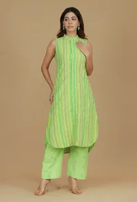 Lime Green Striped Sleeveless Cotton Viscose Kurta image 1