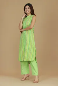 Lime Green Striped Sleeveless Cotton Viscose Kurta image 2