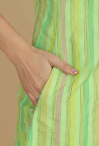 Lime Green Striped Sleeveless Cotton Viscose Kurta image 6
