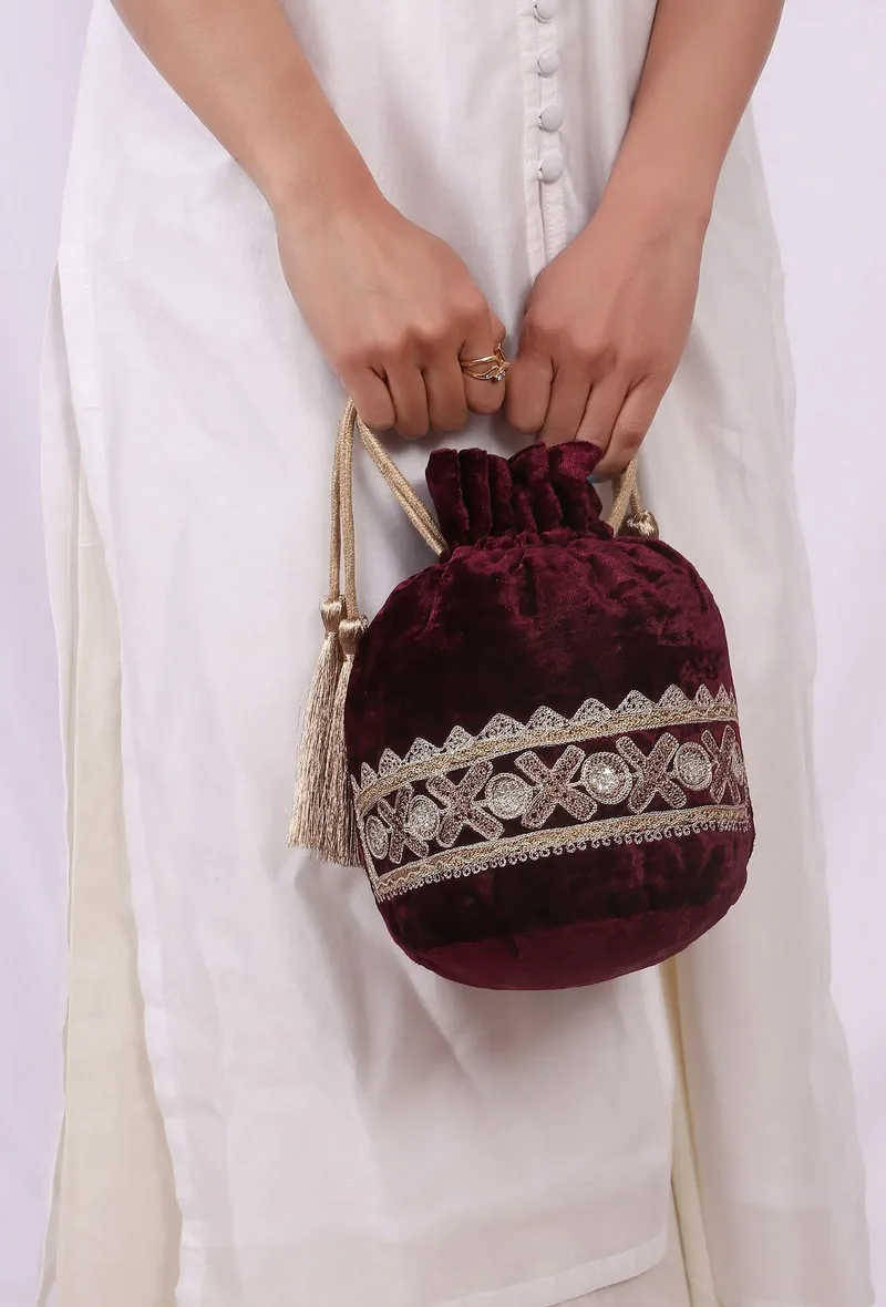 Dark Maroon Velvet Tila Embroidery Potli