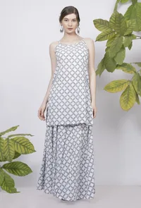 Powder Blue Criss Cross Hand-Block Printed Straight Fit Cotton Slip image 1